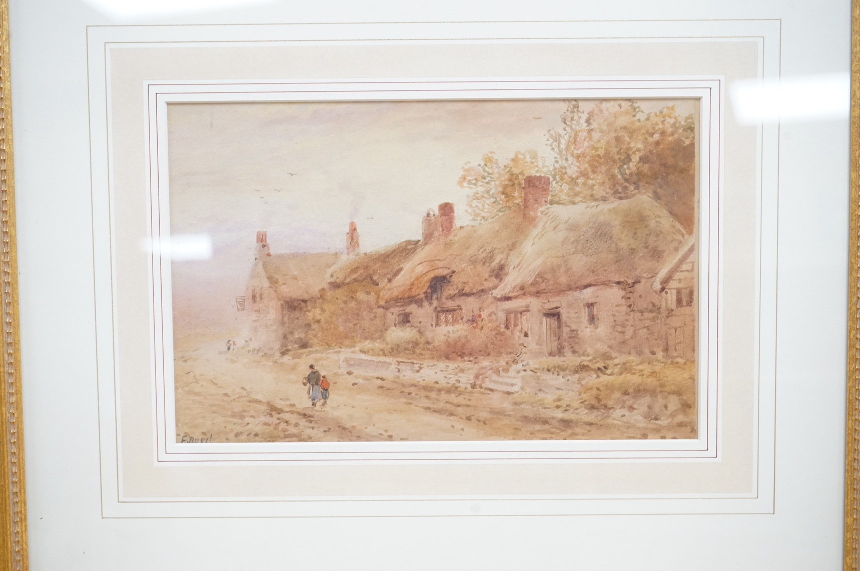J. Glover, watercolour, Figures before a woodland together with E. Nevil, Thatched cottages, signed, largest 22 x 31cm. Condition - fair